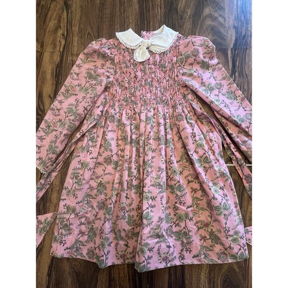 VTG Smocked Polly Flinders Pink Floral Dress Girls 6X Long Sleeve READ - Picture 1 of 15